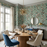 Floral bird wallpaper with a green backdrop from Seabrook, featuring pink peonies and perched birds.