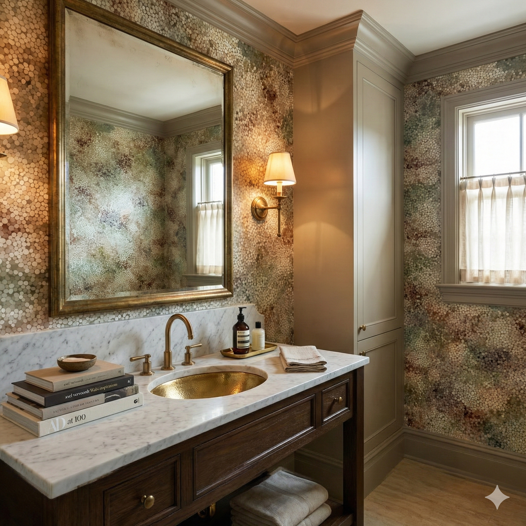 Quartz Aura Wallpaper with a speckled, pebble-like design, in a bathroom setting with a marble countertop and wood vanity.

