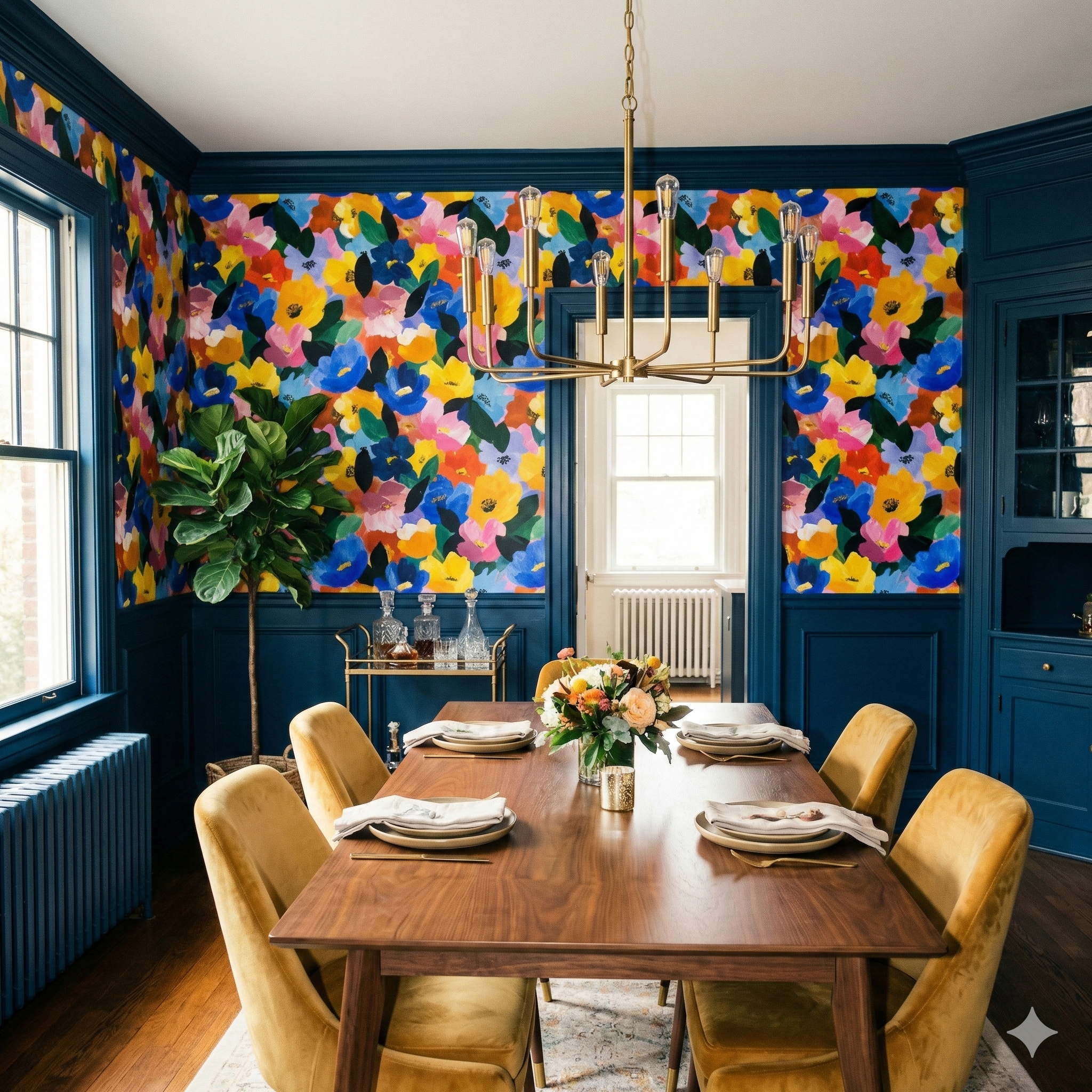 Petal Riot Wallpaper with floral pattern on blue accent wall.