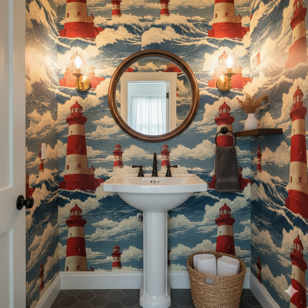 Keeper’s Watch wallpaper featuring nautical lighthouses on a blue and white wave pattern.