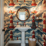 Keeper’s Watch wallpaper featuring nautical lighthouses on a blue and white wave pattern.