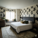 Dog-themed wallpaper from Ironwood Manor, patterned with sketched dog heads in a bedroom setting.
