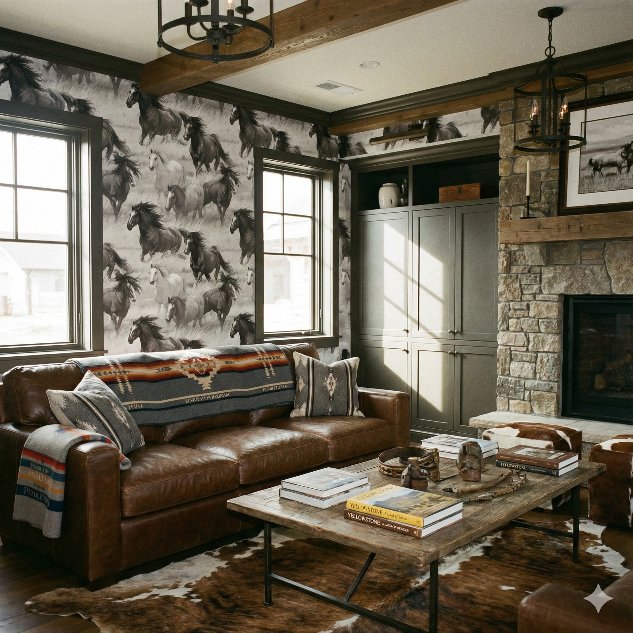 Horse-themed wallpaper by Brewster Wallcovering, decorating a rustic-styled room with earth-tone decor.