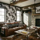 Horse-themed wallpaper by Brewster Wallcovering, decorating a rustic-styled room with earth-tone decor.