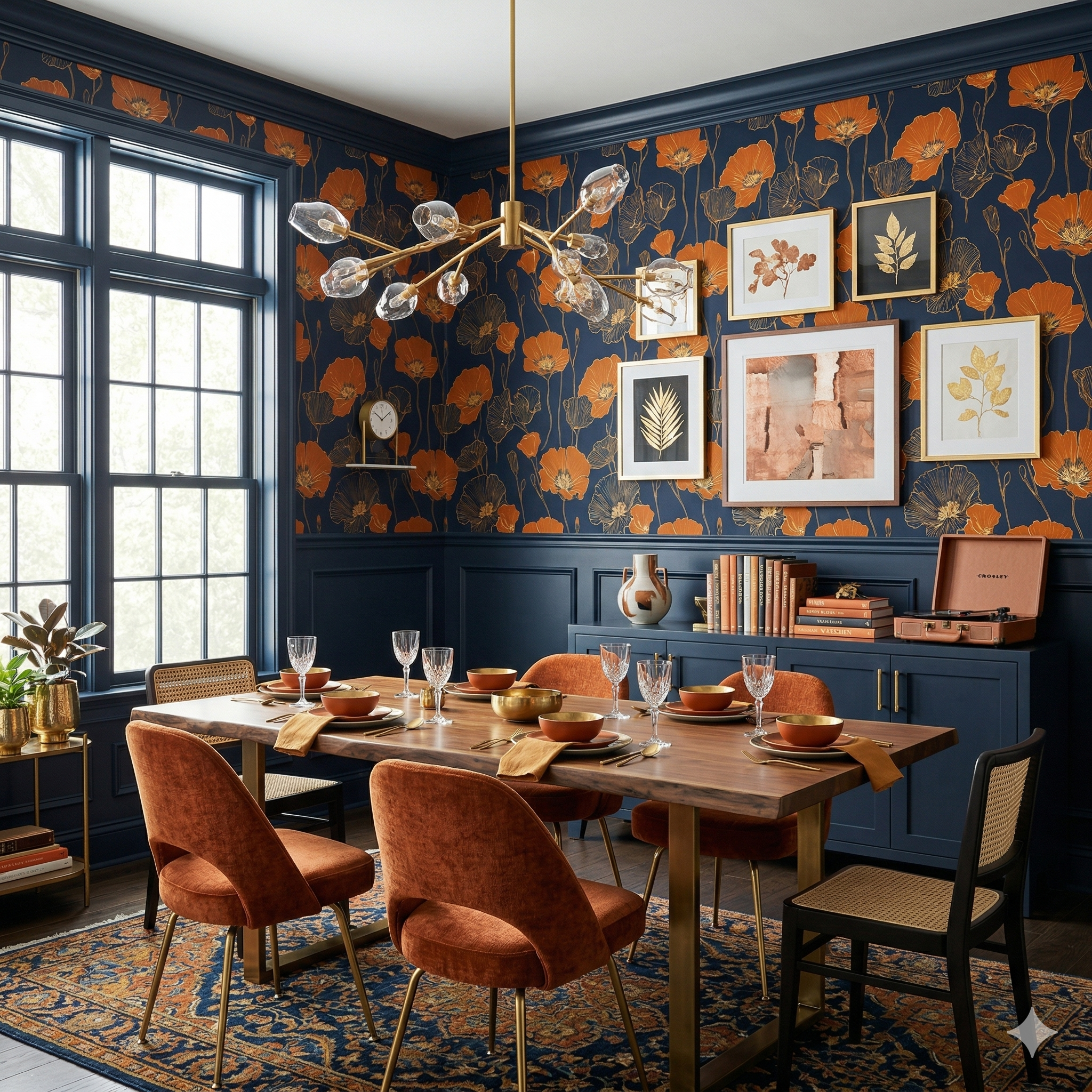 Floral wallpaper in burnt orange and navy by Wallshoppe, with botanical pattern details.