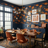 Floral wallpaper in burnt orange and navy by Wallshoppe, with botanical pattern details.