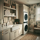 Verdant Ledger Wallpaper featuring leaf pattern, shown in a laundry room.
