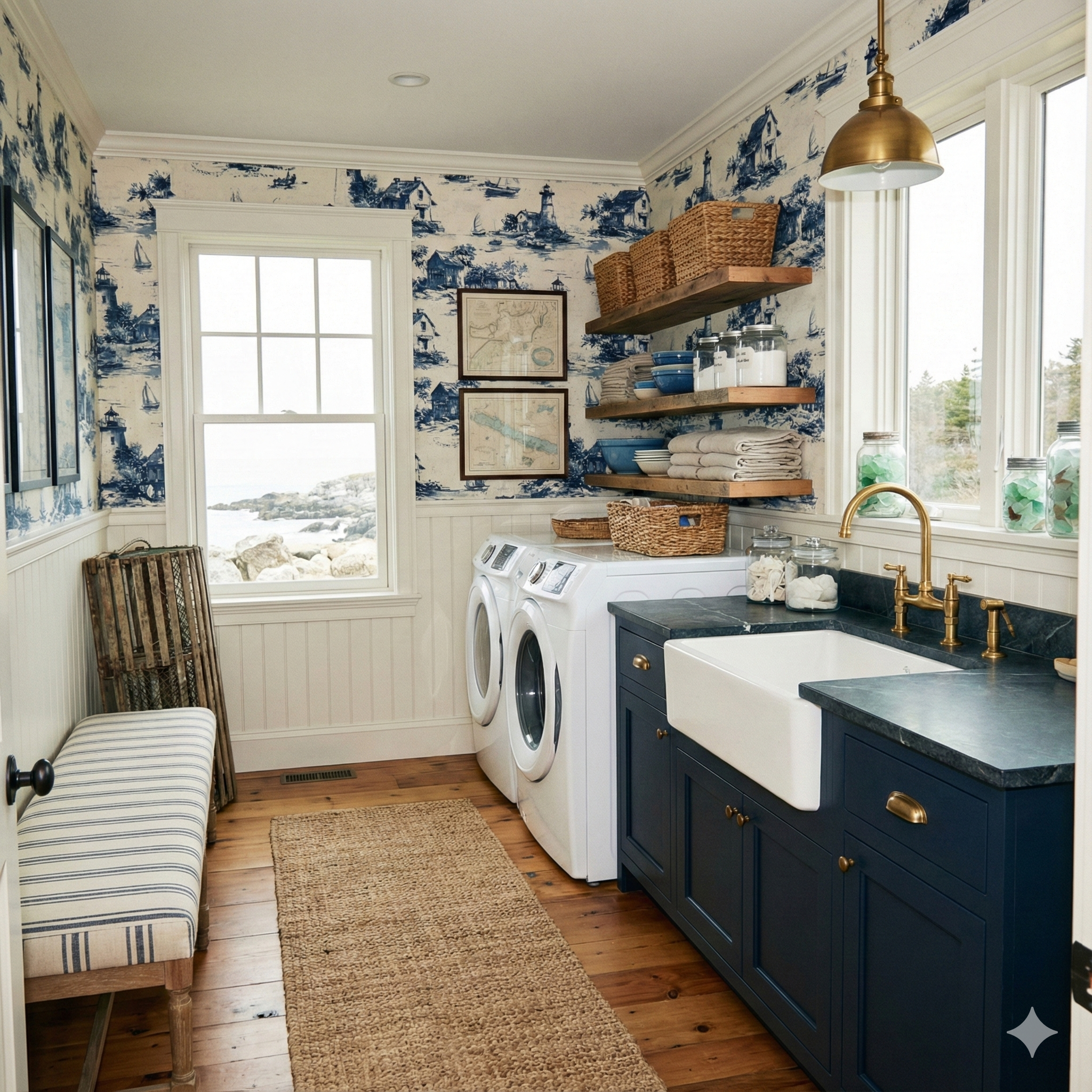 Scenic wallpaper by Harborlin, featuring a nautical theme in blue and white, decorating a laundry room with a view of the ocean.