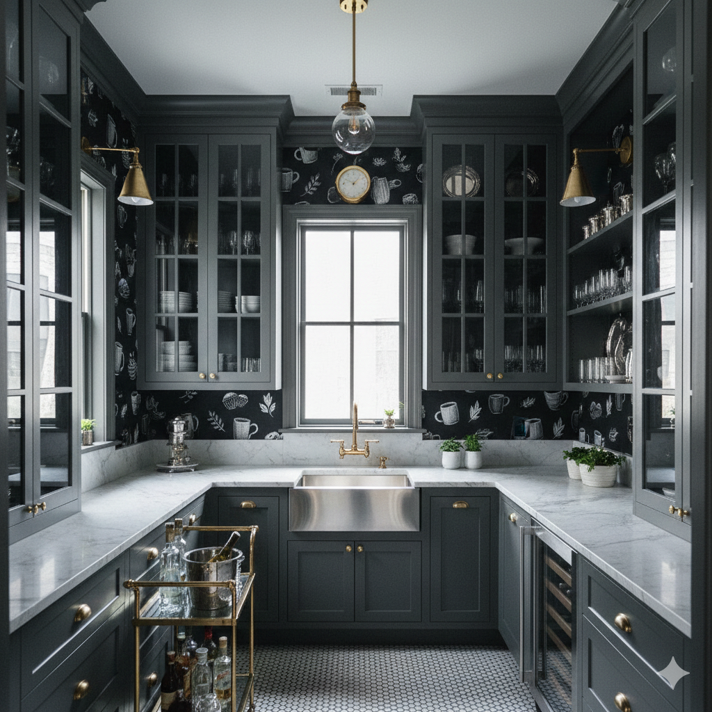 Café Noir Wallpaper with a black backdrop, white chalk drawings, and kitchen themed patterns.