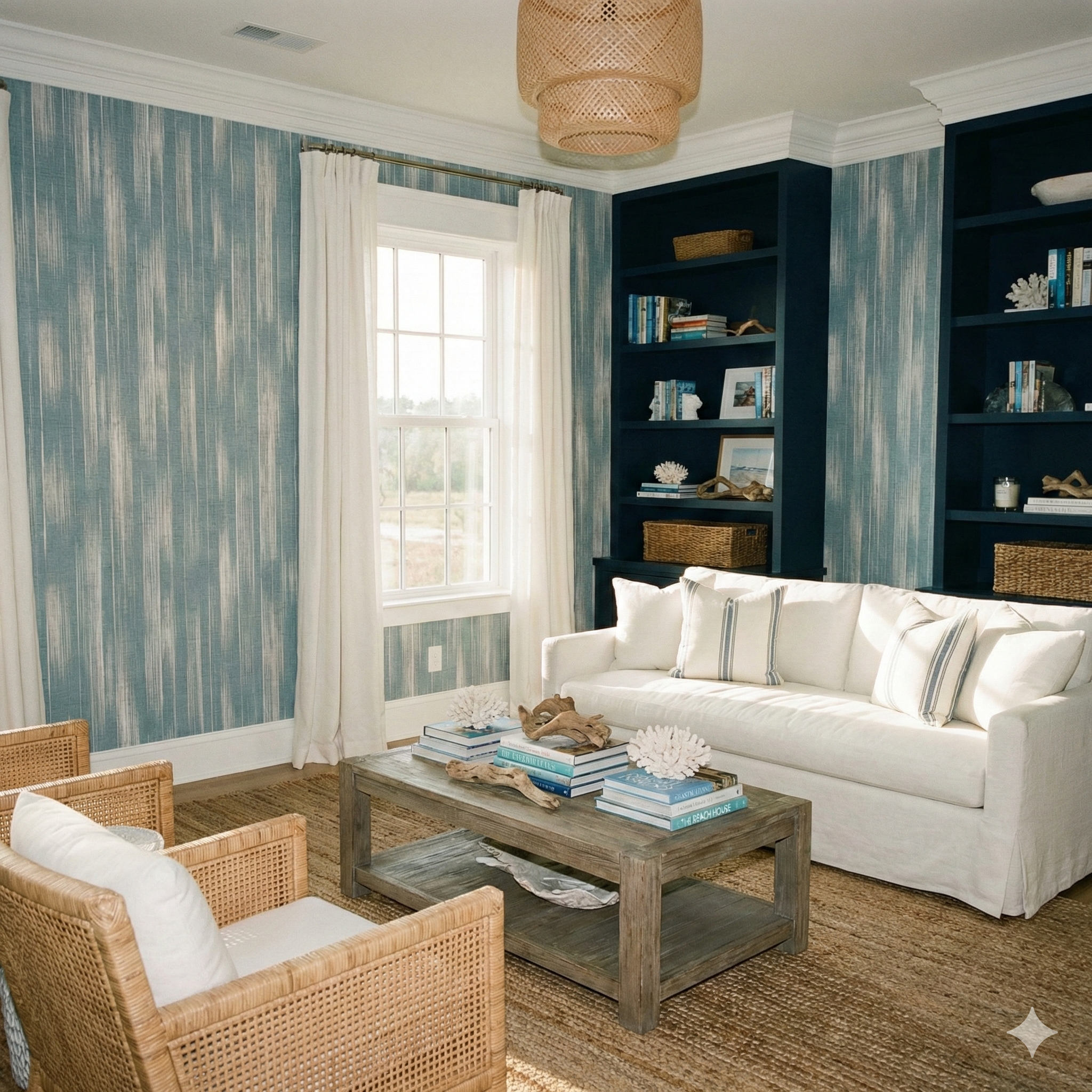 Blue and white patterned wallpaper by Seabrook Wallcoverings with vertical bands, in a styled room with neutral decor.
