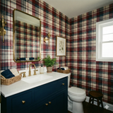 Redwood Ledger Wallpaper with plaid pattern on the wall, decorating a powder room.