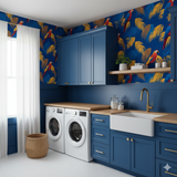 Blue and gold patterned Solano wallpaper with parrots by Wallshoppe, covering the laundry room walls.
