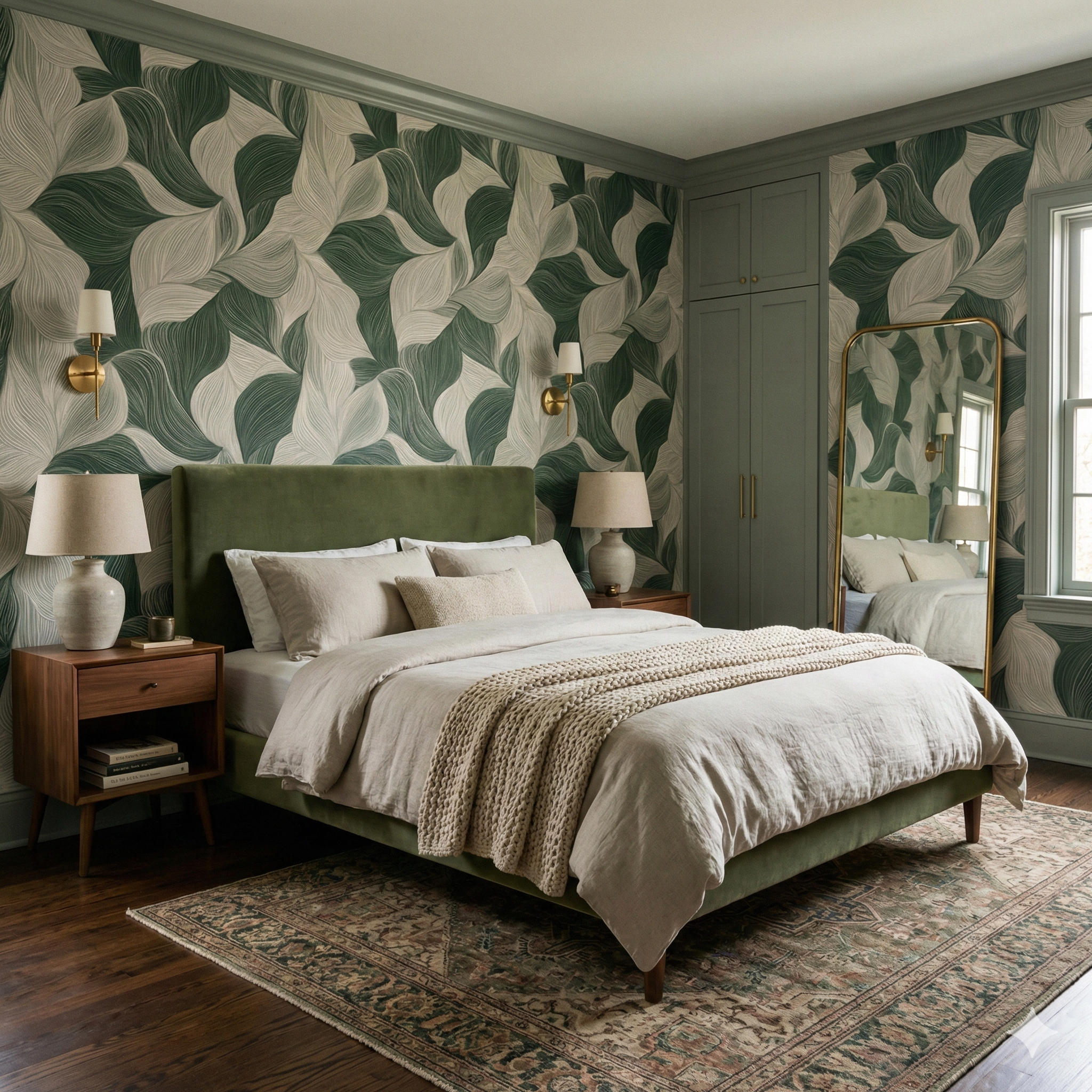 Verdanta Wallpaper featuring a green and ivory leaf pattern design.
