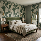Verdanta Wallpaper featuring a green and ivory leaf pattern design.
