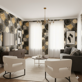 Orrery wallpaper with black, white, and gold circle pattern, decorating a living room.