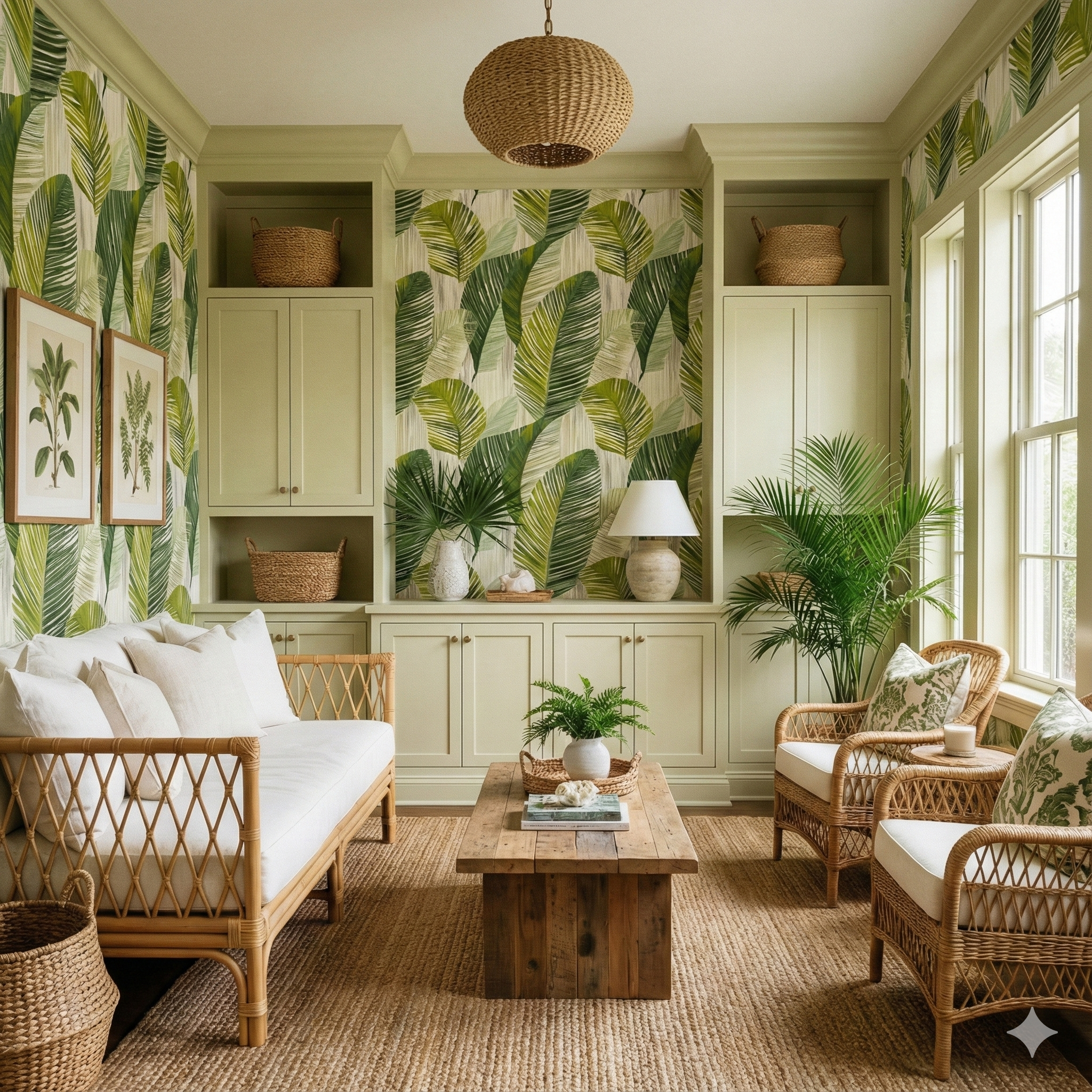 Limehouse Fronds Wallpaper with a green and white tropical pattern, covering the walls in a room.