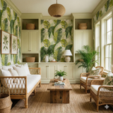 Limehouse Fronds Wallpaper with a green and white tropical pattern, covering the walls in a room.