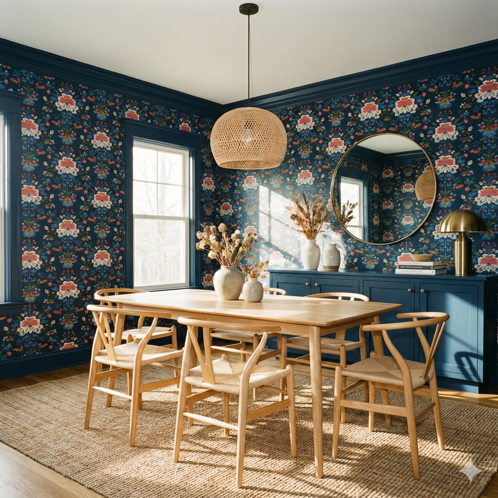Floral pattern Lupin Crown Wallpaper with blue background and flowers, styled in dining room.