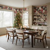 Nordvik Wallpaper featuring a pattern of whimsical gnomes in red and gray, adorning a festive dining room setting.
