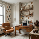 Pinewood Vagabond Wallpaper featuring pinecone and bicycle motifs on a neutral background.
