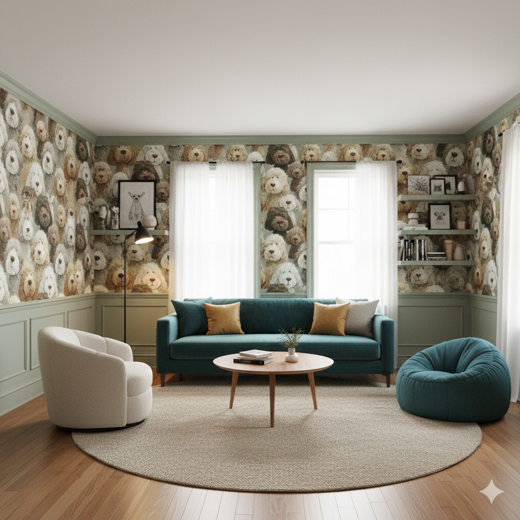 Honeywell Row Wallpaper with a pattern of dog faces covering the wall