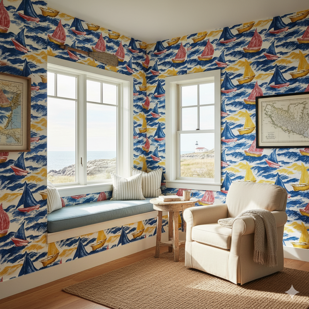 Regatta wallpaper with sailboats pattern, with blue, red, and yellow motifs.