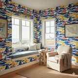 Regatta wallpaper with sailboats pattern, with blue, red, and yellow motifs.