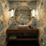 River marbling wallpaper with a nautical pattern, featuring small boats floating in a watery expanse.