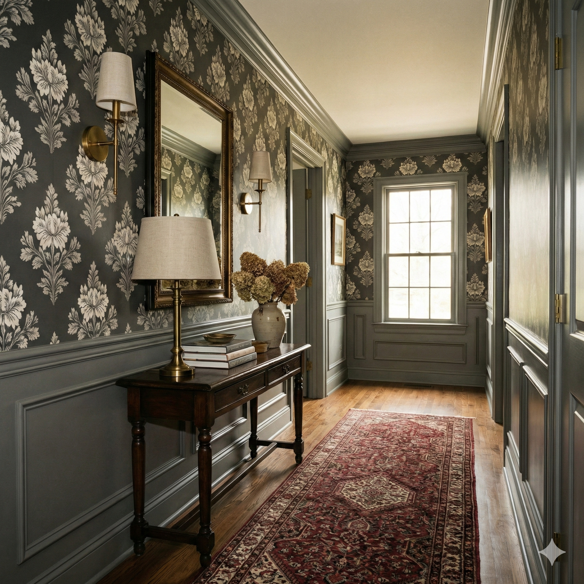Midnight Palmette wallpaper in a dark floral print on the hallway walls.