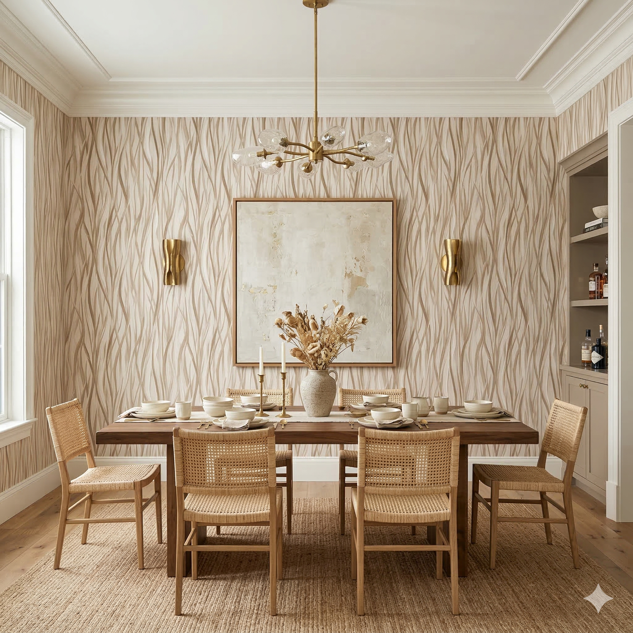 Woven dune wallpaper with abstract light brown vertical wave pattern texture.