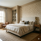 Fine grain wallpaper with tan spotting pattern over white by York Wallcoverings, covering a bedroom wall.