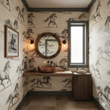 Equinox Run wallpaper with horse motif, textured style, adorning a rustic bathroom.