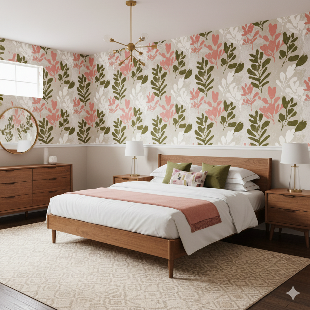 Coralwood wallpaper with a pink and green leaf pattern on a beige backdrop.