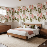 Coralwood wallpaper with a pink and green leaf pattern on a beige backdrop.