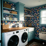 Patterned wallpaper with butterfly design by Bellewave, adorning a laundry room.