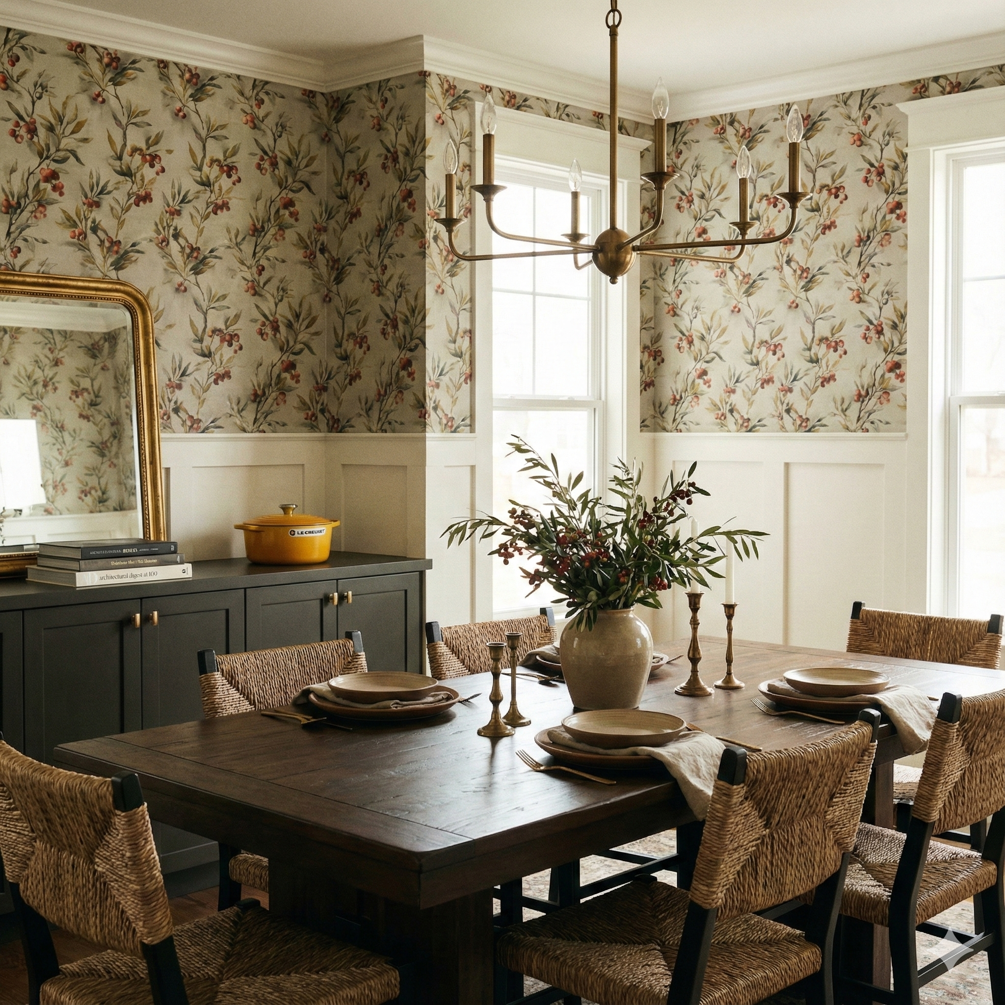 Floral wallpaper from Hearthberry Wreathstone featuring a leaf and berry pattern, covering the upper walls of a dining room.
