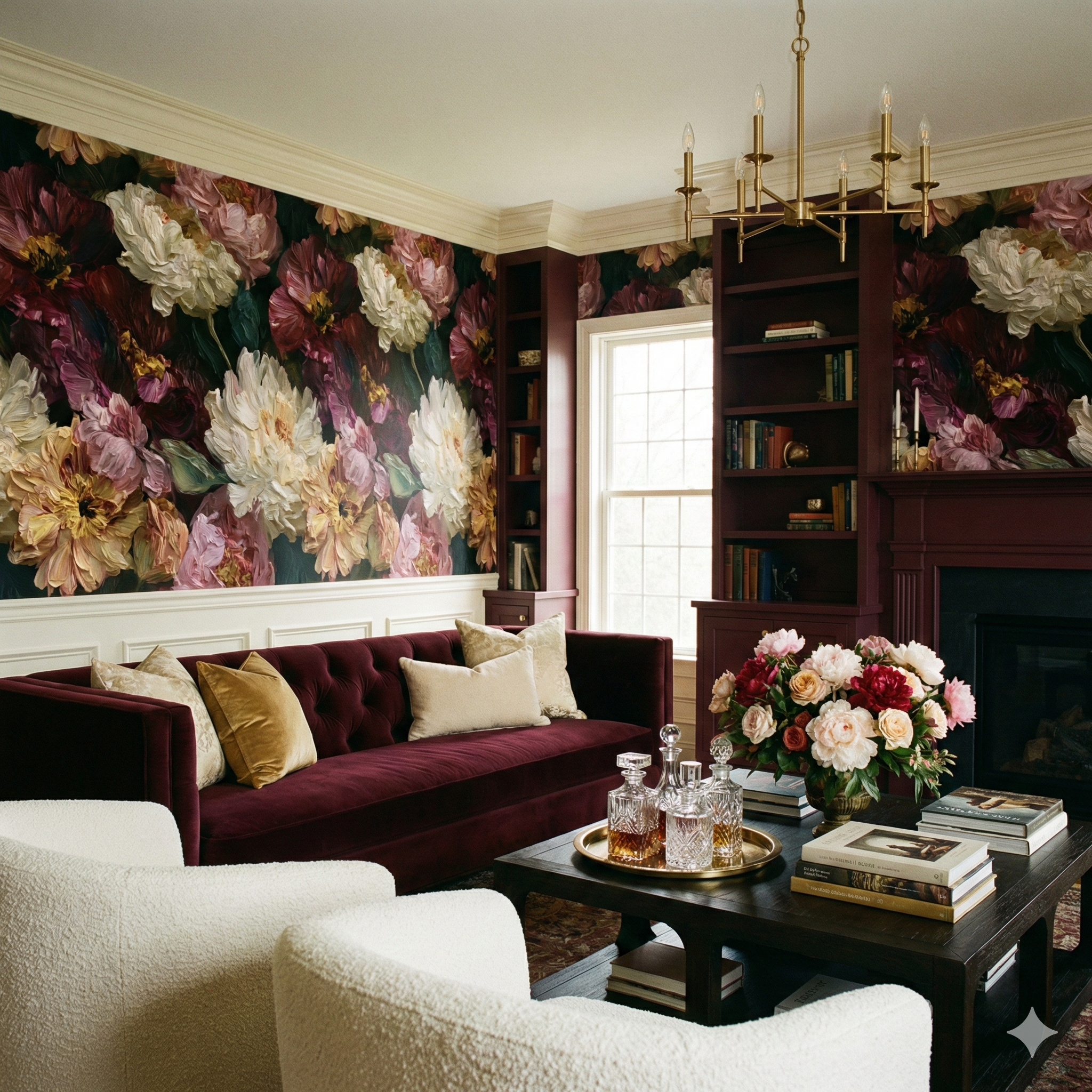 Floral Still Life in Oil Wallpaper with dark and painterly flower details.
