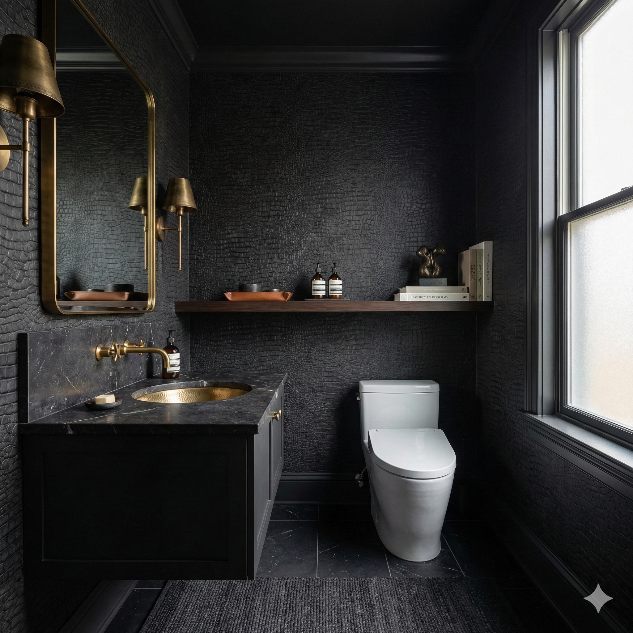 Noir Reptilia Wallpaper in black crocodile pattern, with textured surface.