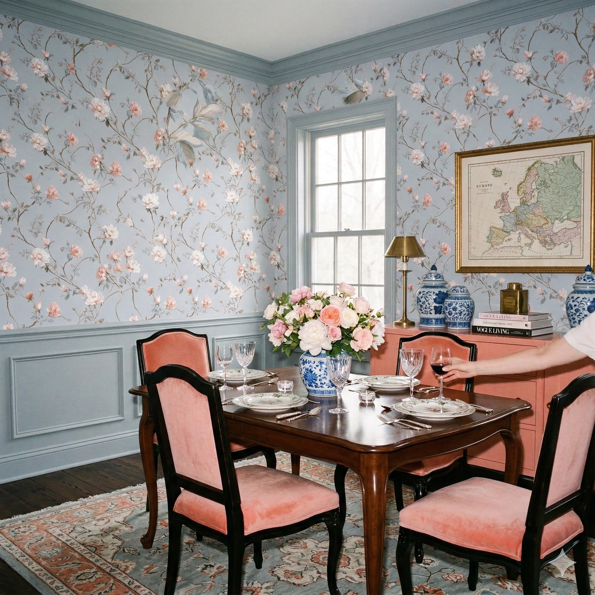 Floral wallpaper in celeste blue with pink blossoms, featuring a climbing pattern.