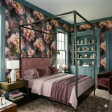 Floral velours nocturne wallpaper featuring pink peonies, with teal blue trim.
