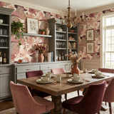 Mariposa Bandita wallpaper with woman and floral print, covering the dining room walls.