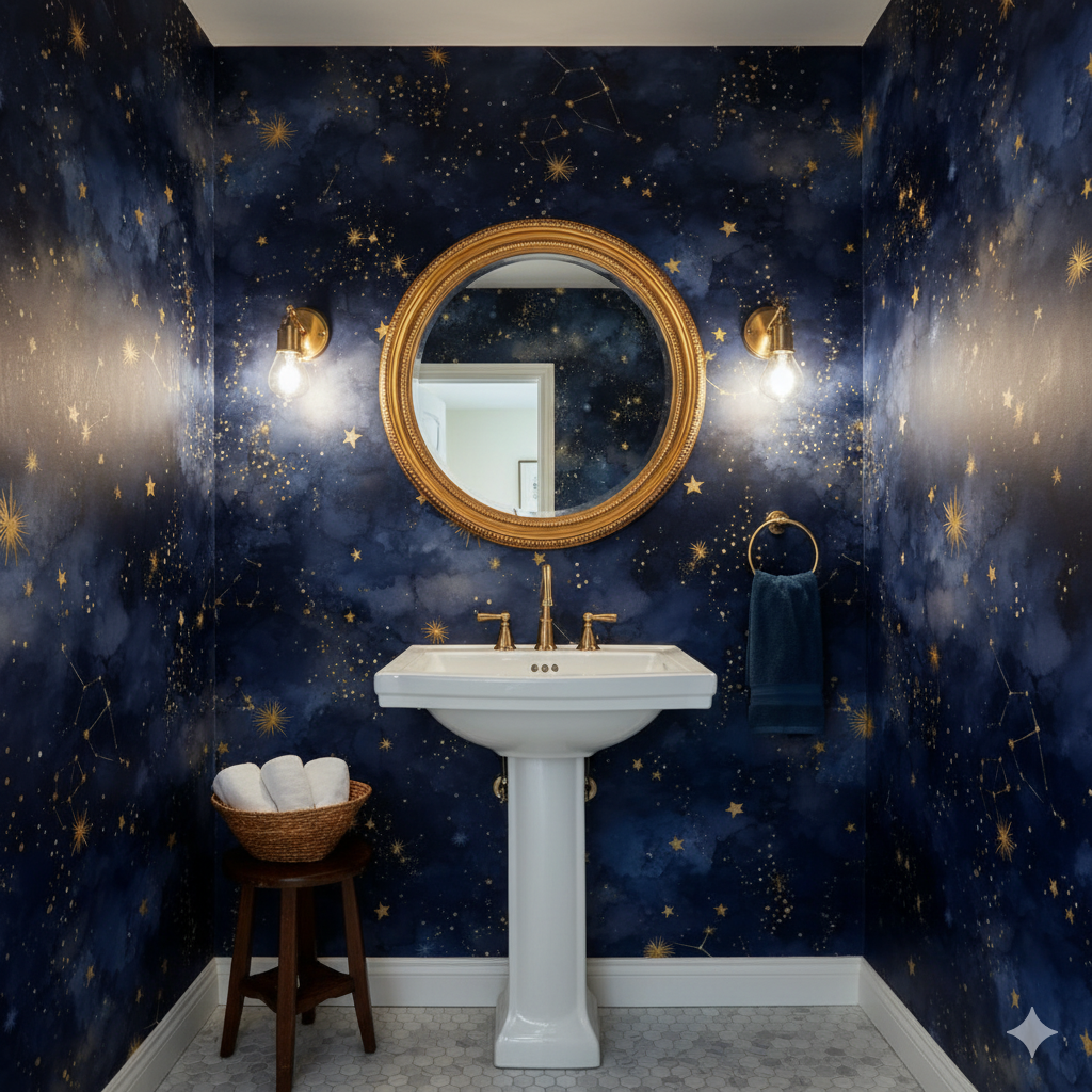 Celestial Atlas Wallpaper with a blue and gold star pattern, showing constellations.