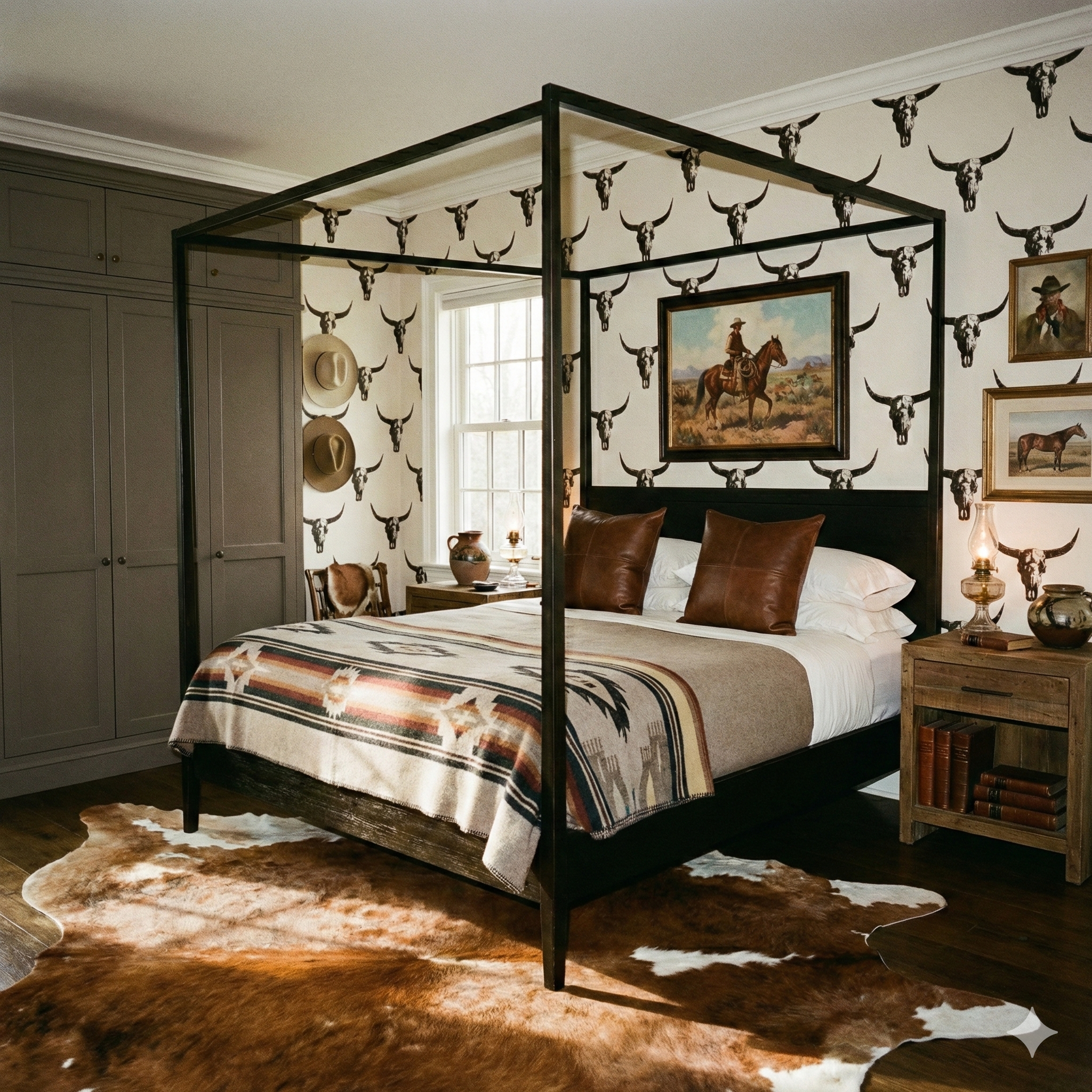 Redrock Signal Wallpaper with a repeating animal skull pattern, applied in a bedroom with cowboy art and a brown hide rug.