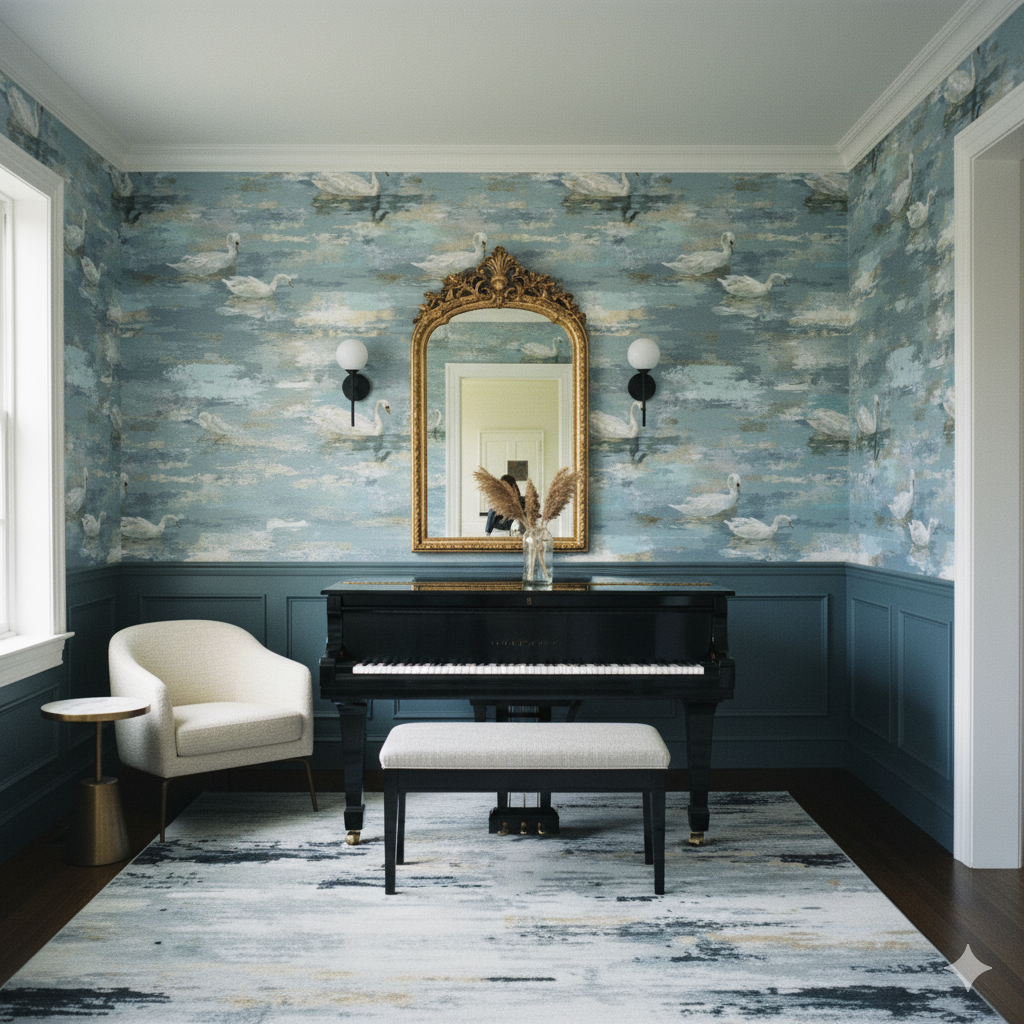 Swanmere wallpaper with swan pattern on blue backdrop.
