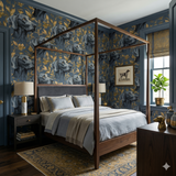 Blue and gold Aurelin Canopy Wallpaper by York Wallcoverings featuring a dog and leaf pattern.