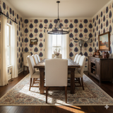 Patterned wallpaper from Kasura Drop with a blue and burgundy paisley design, covering a dining room.