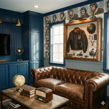Aviator Studies Wallpaper featuring pilot portraits, mounted above a window and a leather sofa.
