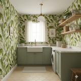 Evergreen Chapel wallpaper featuring a leafy pattern.
