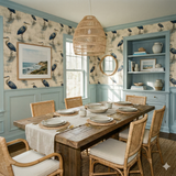 Cypress Watch wallpaper with heron pattern, in a blue and neutral color palette.
