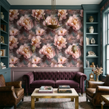 Floral wallpaper with pink flowers, moody background, and vintage aesthetic.